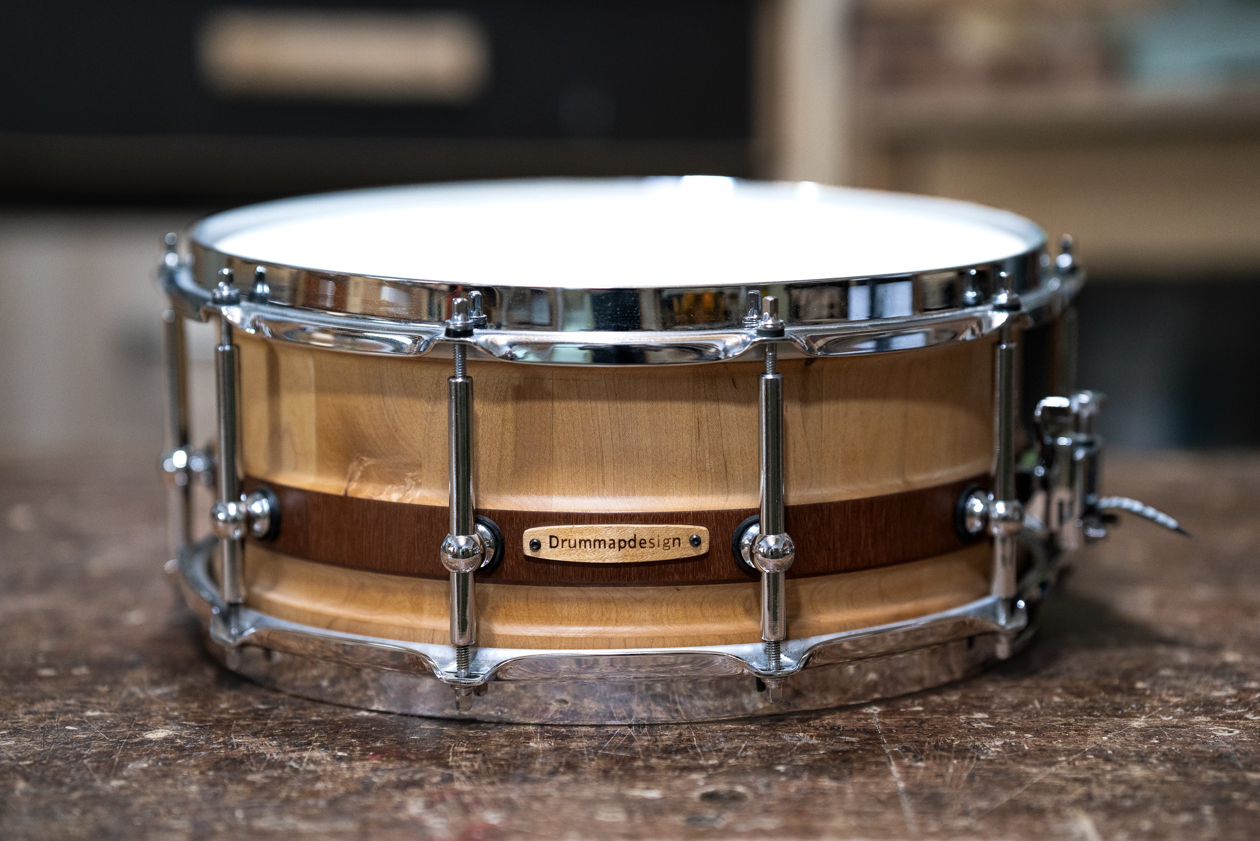 Stave Maple Snare - 14 x 6.25 - Natural Craved Shell / Mahogany Inlay