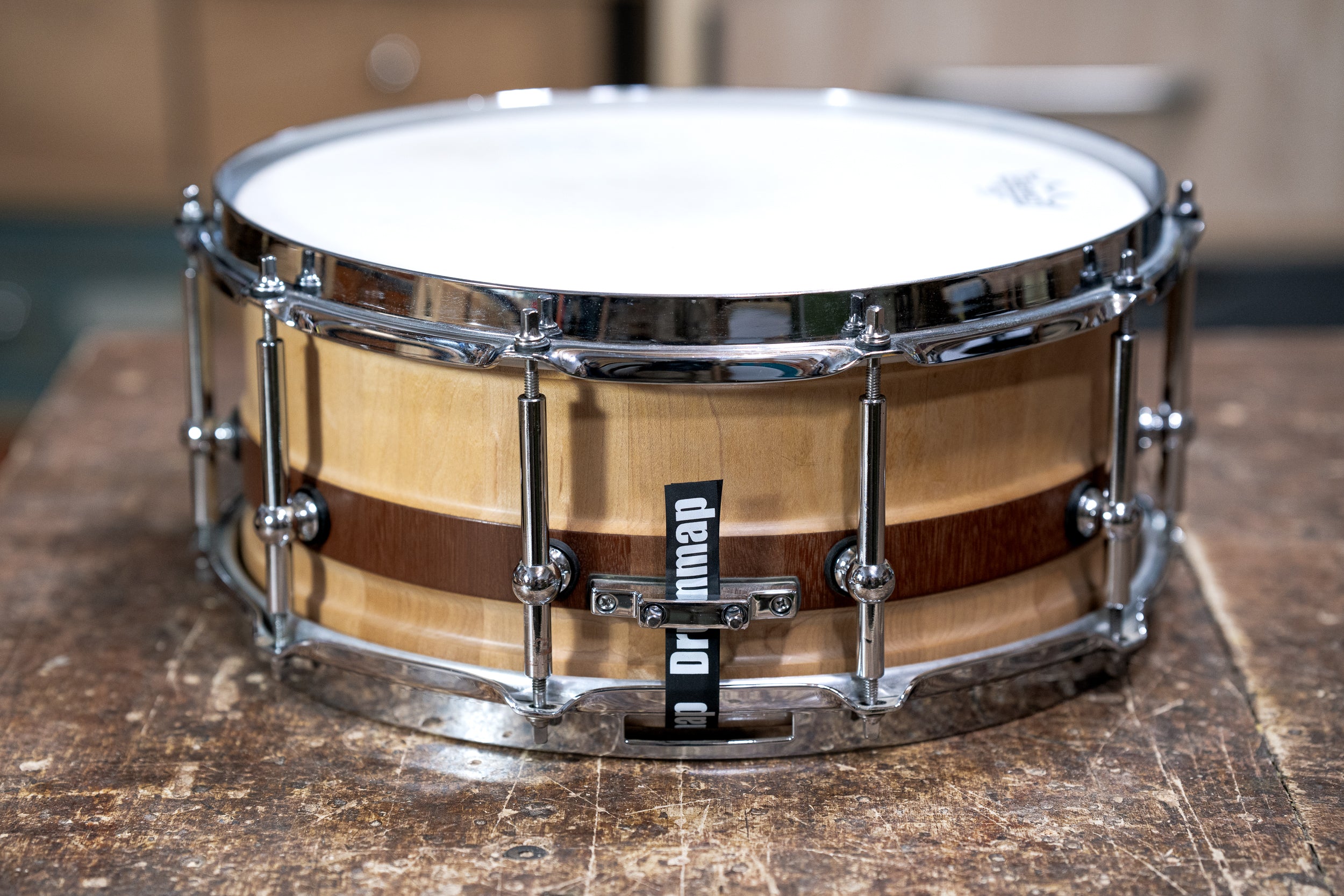 Stave Maple Snare - 14 x 6.25 - Natural Craved Shell / Mahogany Inlay